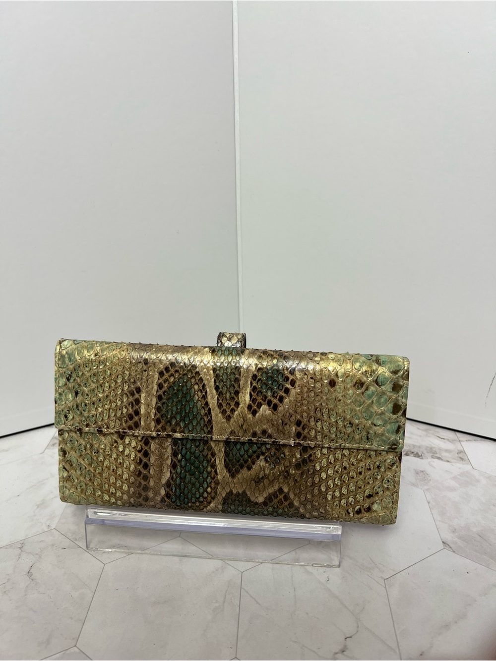 Vintage Gucci Python “Jackie”Leather Clutch Wallet in Green-Brown - Picture 3 of 8
